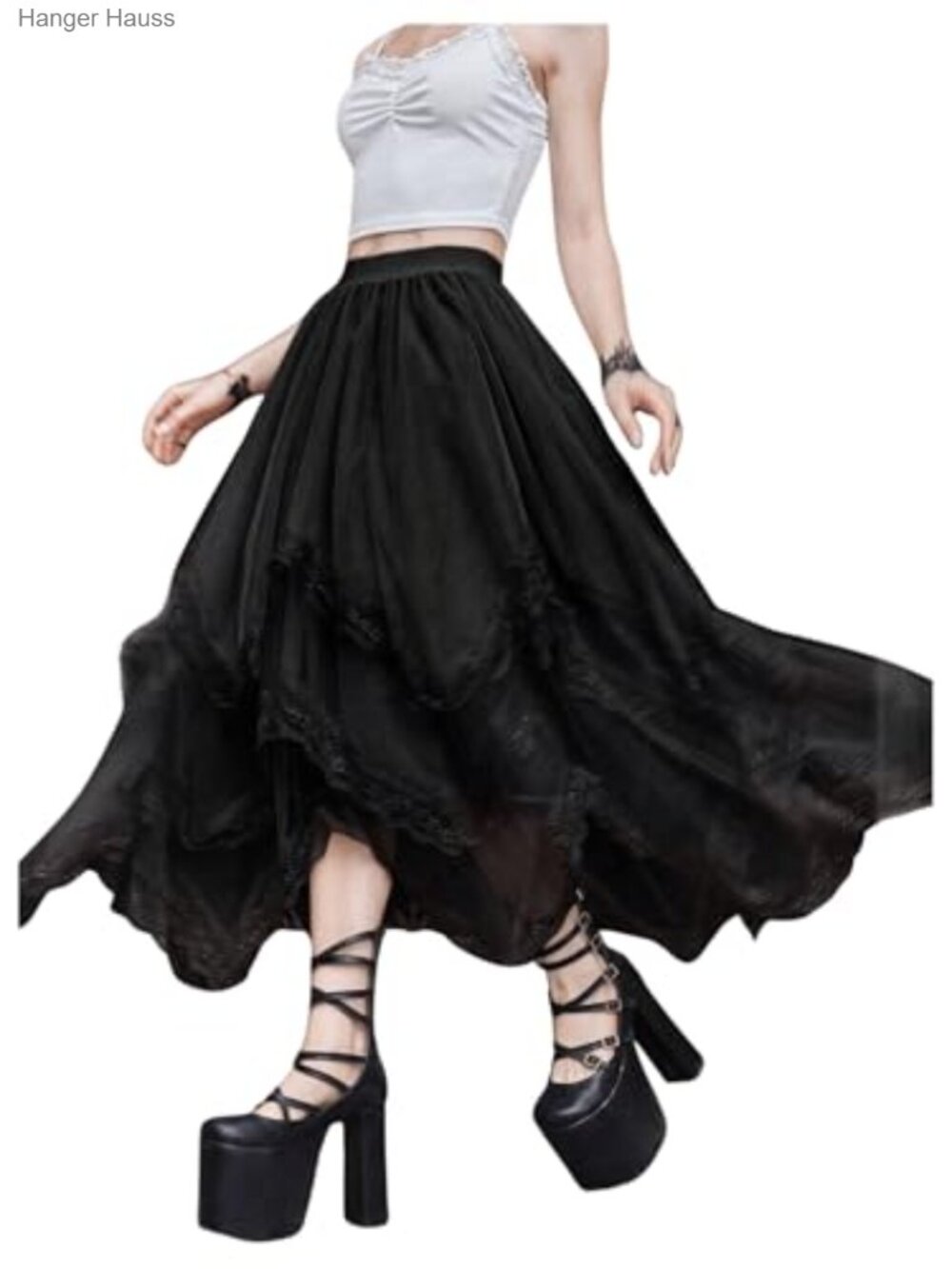 Lace Trim Mesh Tulle Skirt High Waist Asymmetrical Long Goth Skirt - Picture 3 of 6